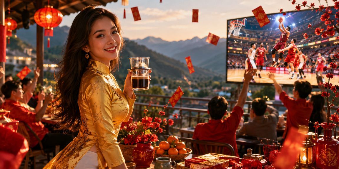 Người phụ nữ Sapa mặc áo dài xem kèo bóng rổ trực tuyến trên điện thoại